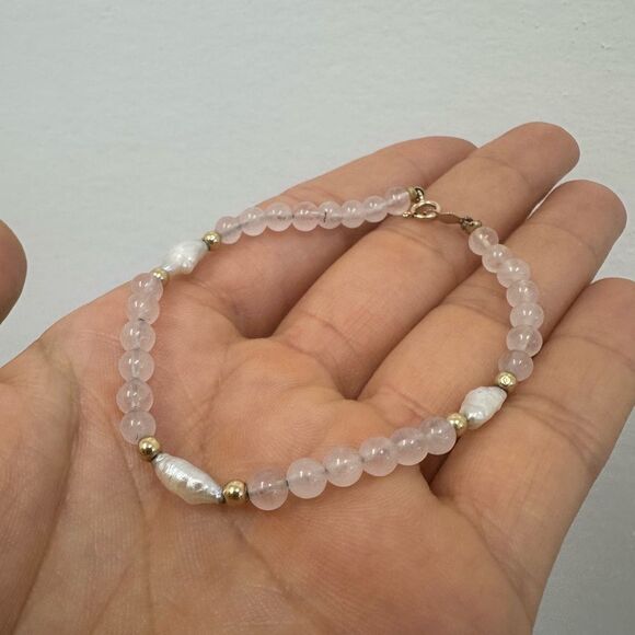 Vintage 14k Yellow Gold Pearl Rose Quartz Bead Ball Bracelet 7" - Picture 4 of 11
